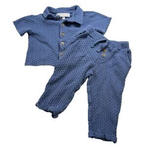 RZ Rachel Zoe Baby 18M Blue 2 Piece Set Cotton Textured Shirt Pants Outfit